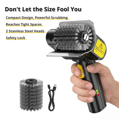 Electric Grill Brush, Rechargeable Cordless BBQ Cleaner with 600RPM Motor & Safety Locks, Includes Two 304 Stainless Steel Brush Heads, Compact Design for Narrow Spaces and Corners SOARFLY G9