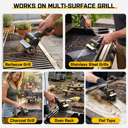 Electric Grill Brush, Rechargeable Cordless BBQ Cleaner with 600RPM Motor & Safety Locks, Includes Two 304 Stainless Steel Brush Heads, Compact Design for Narrow Spaces and Corners SOARFLY G9