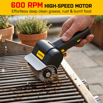 Electric Grill Brush, Rechargeable Cordless BBQ Cleaner with 600RPM Motor & Safety Locks, Includes Two 304 Stainless Steel Brush Heads, Compact Design for Narrow Spaces and Corners SOARFLY G9